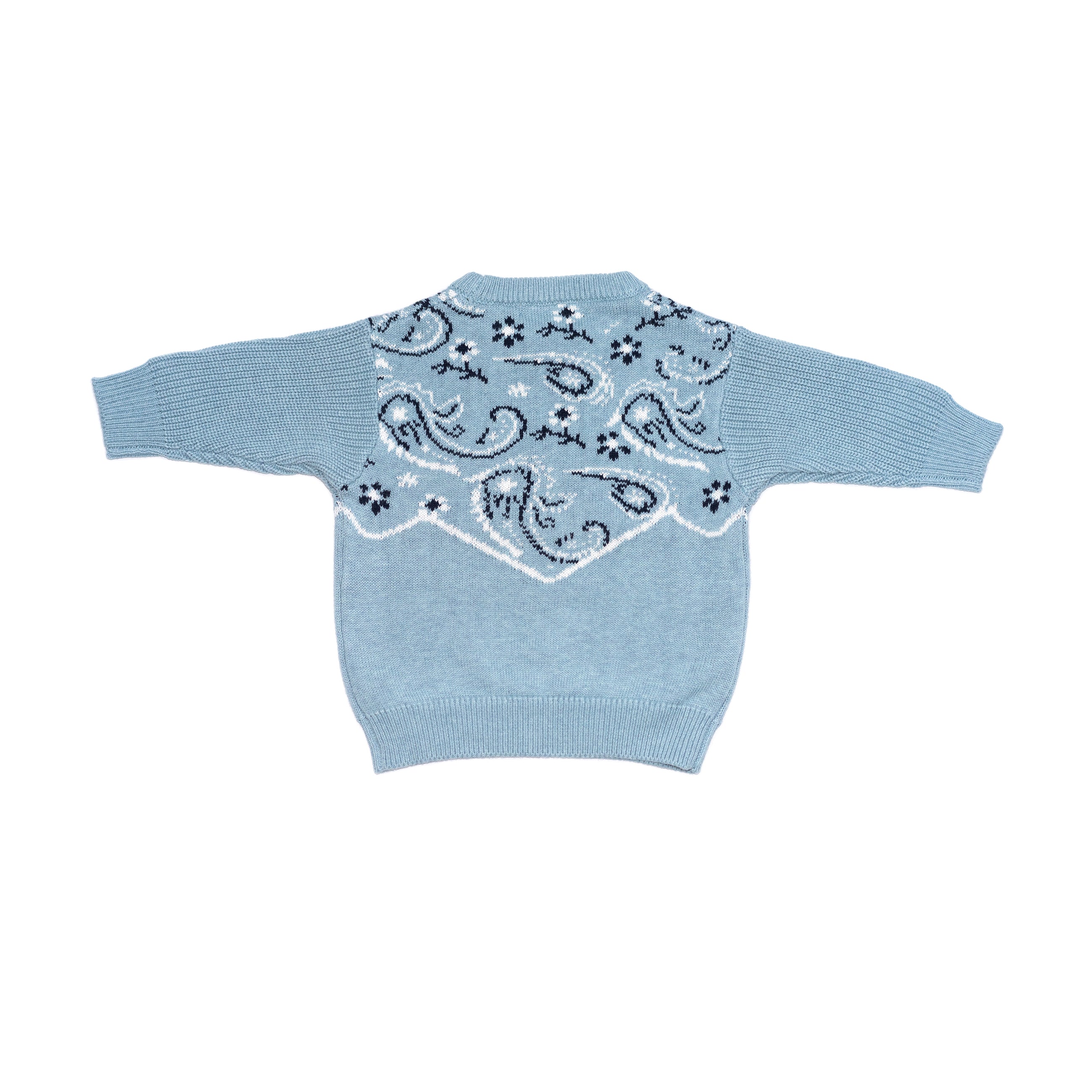 Back product shot of kids chambray blue bandana print sweater.