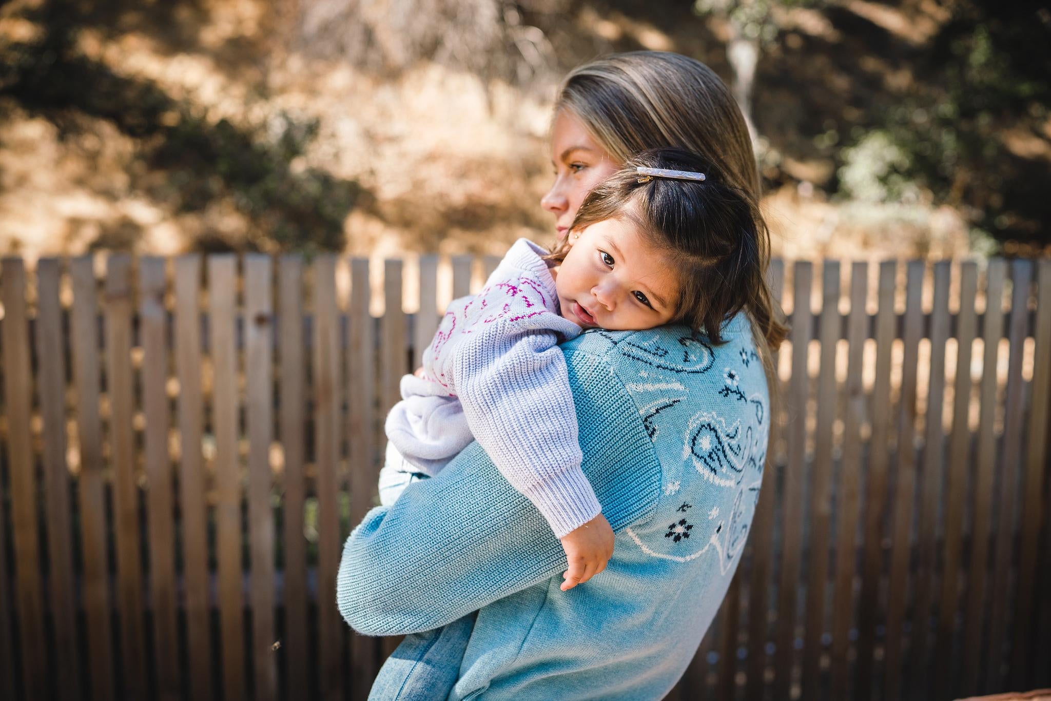 Kids lilac purple bandana pattern sweater and women's chambray blue bandana pattern sweater. 