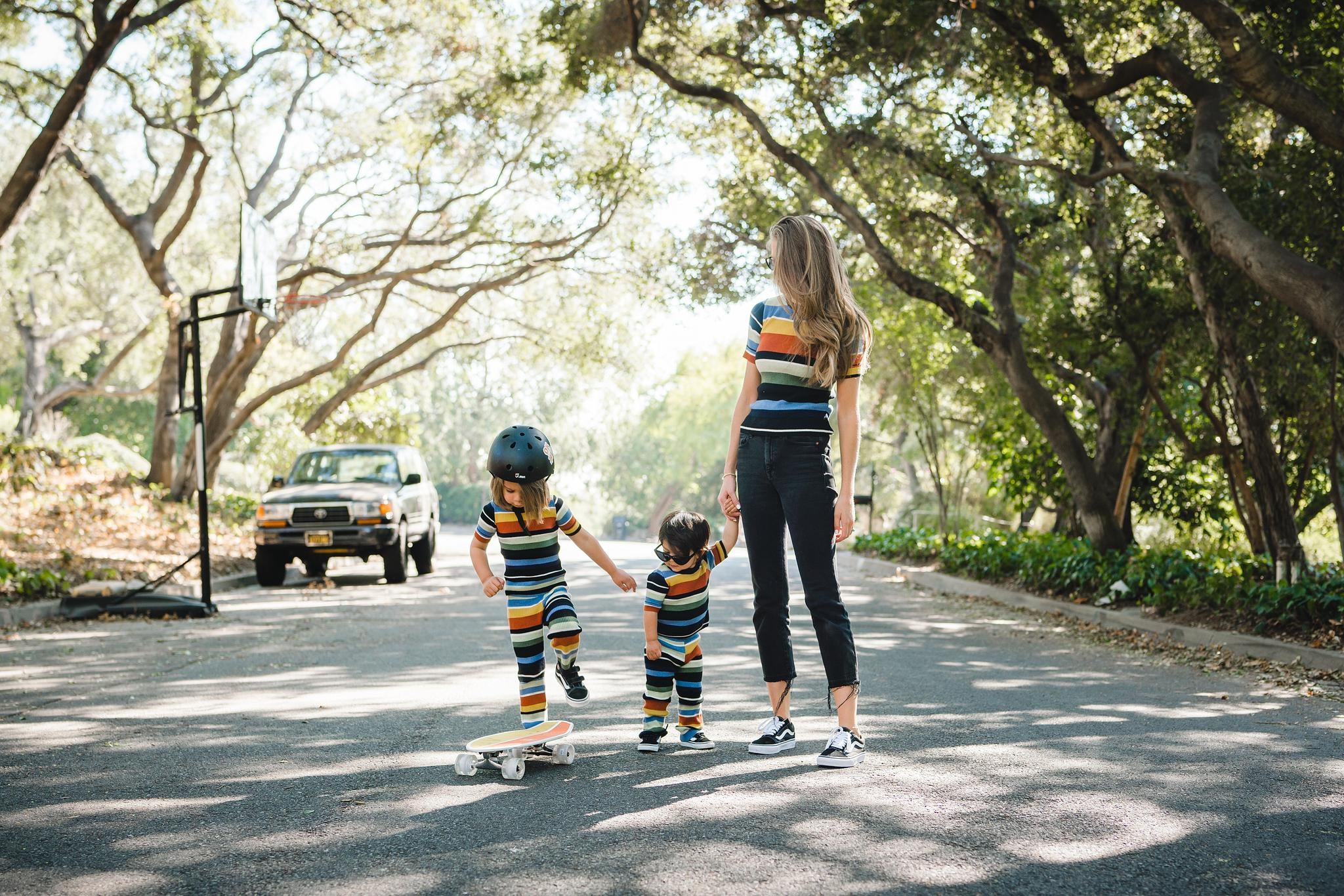 Kids and women's matching multi stripe knit tee. 