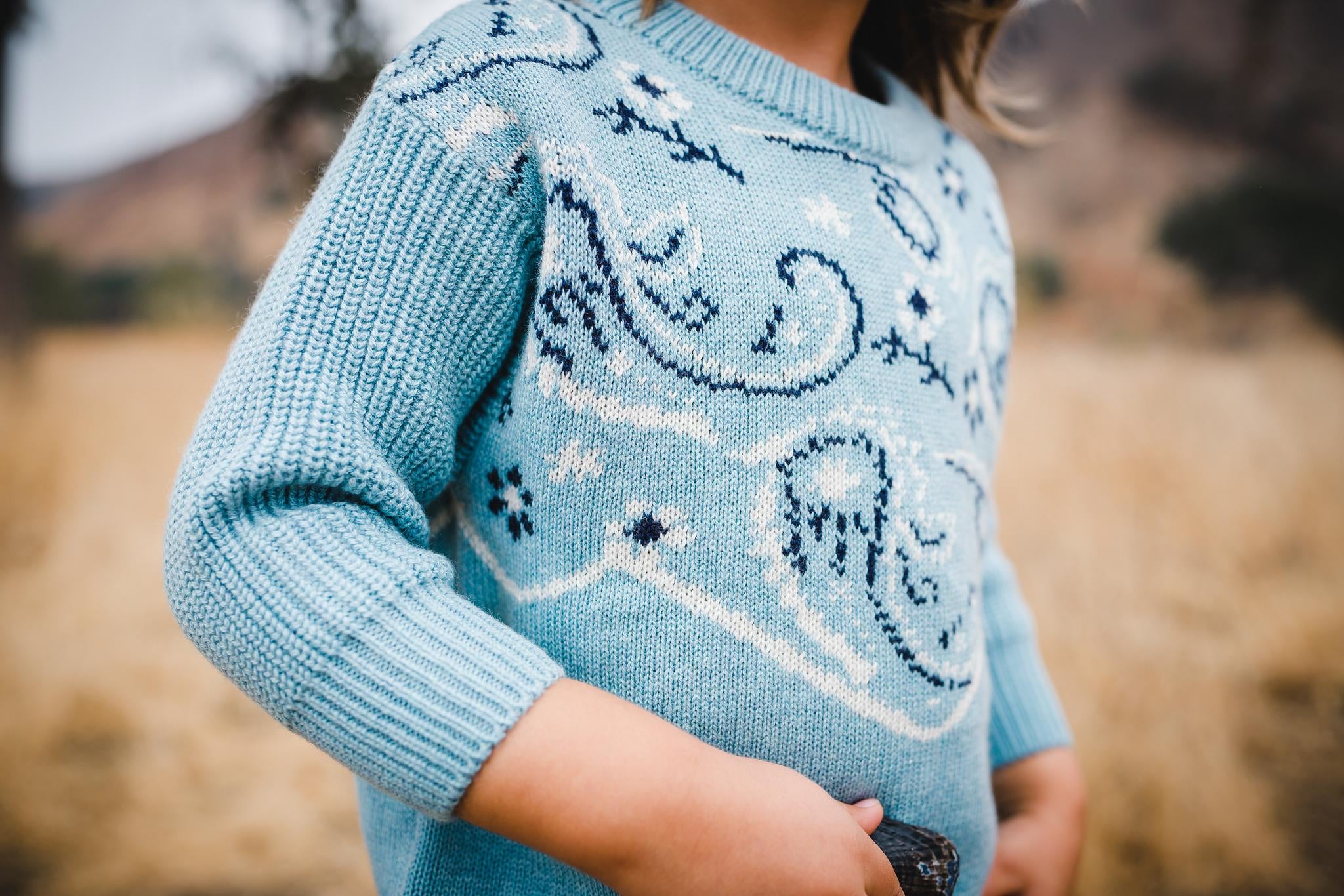 Close up of kids chambray blue bandana print sweater.