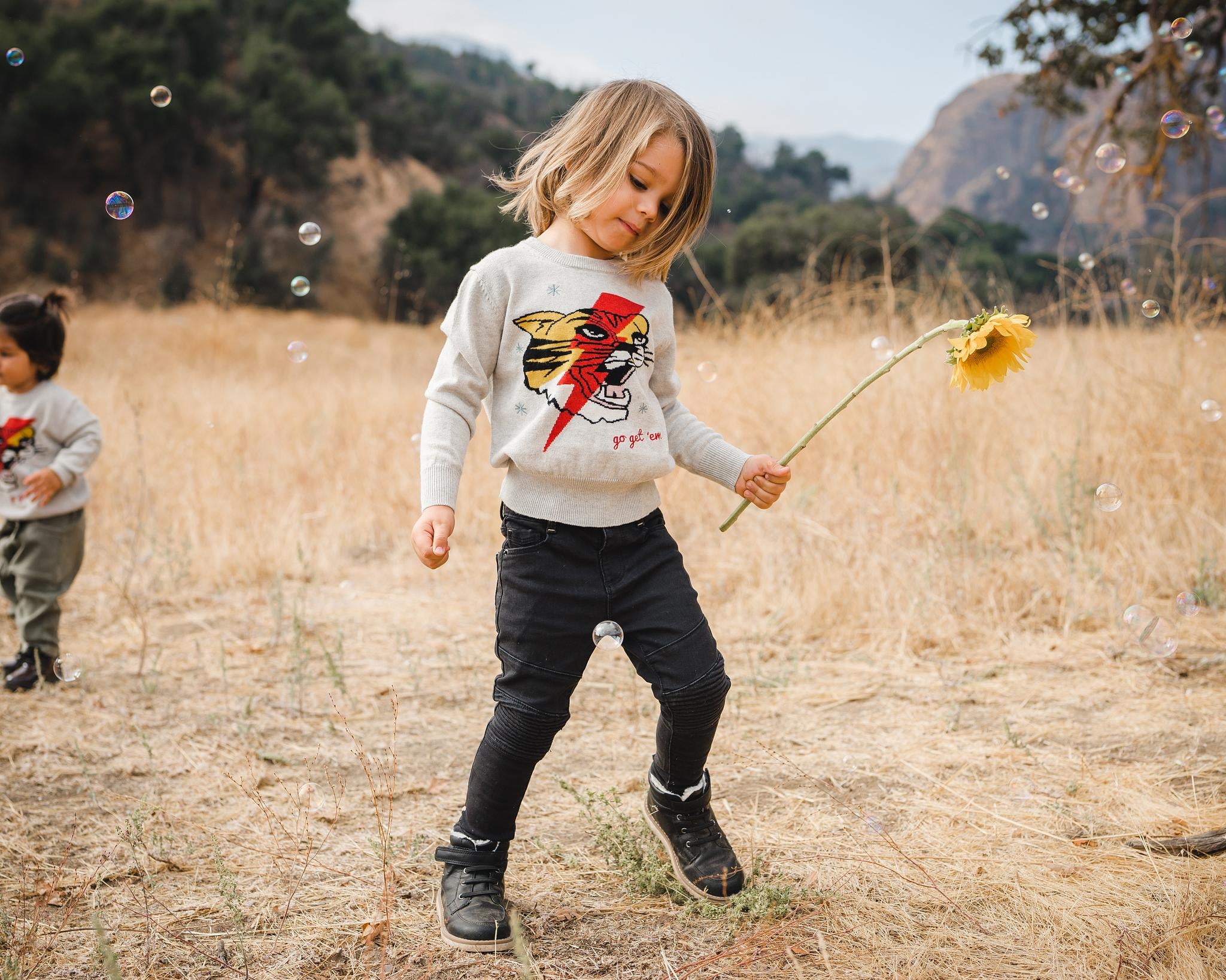 Kids light grey tiger and lightning bolt sweater. 