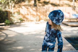 Kids indigo blue tie dye beanie hat, matching scarf and onesie. 