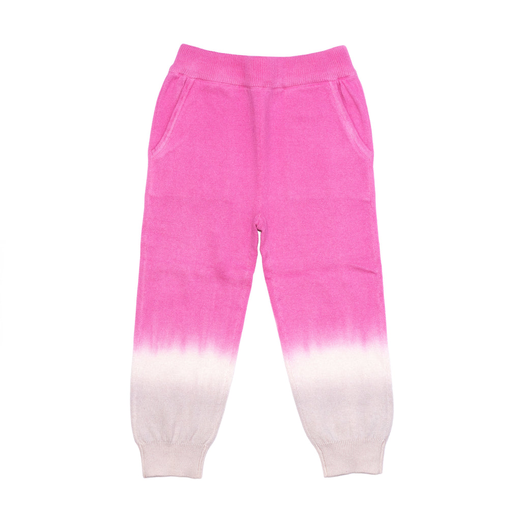 Front of kids pink dip dye sweatpants. 