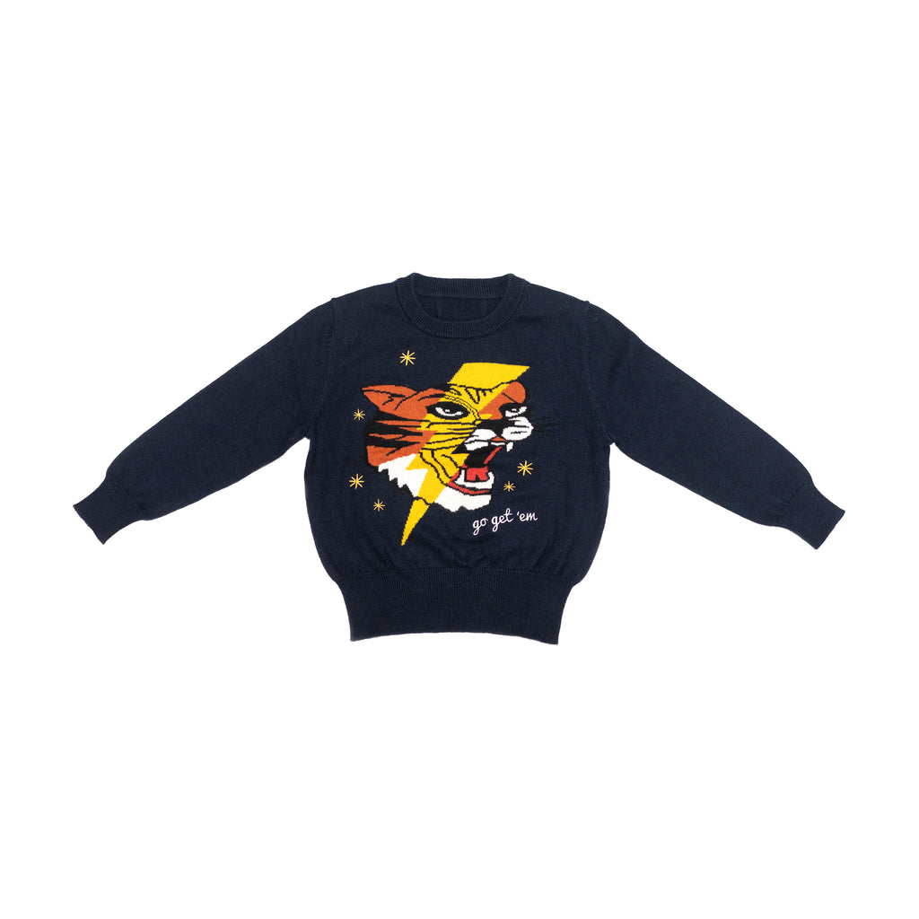 Front of kids navy blue tiger and lightning bolt sweater. 