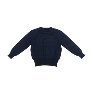 Back of kids navy blue tiger and lightning bolt sweater. 