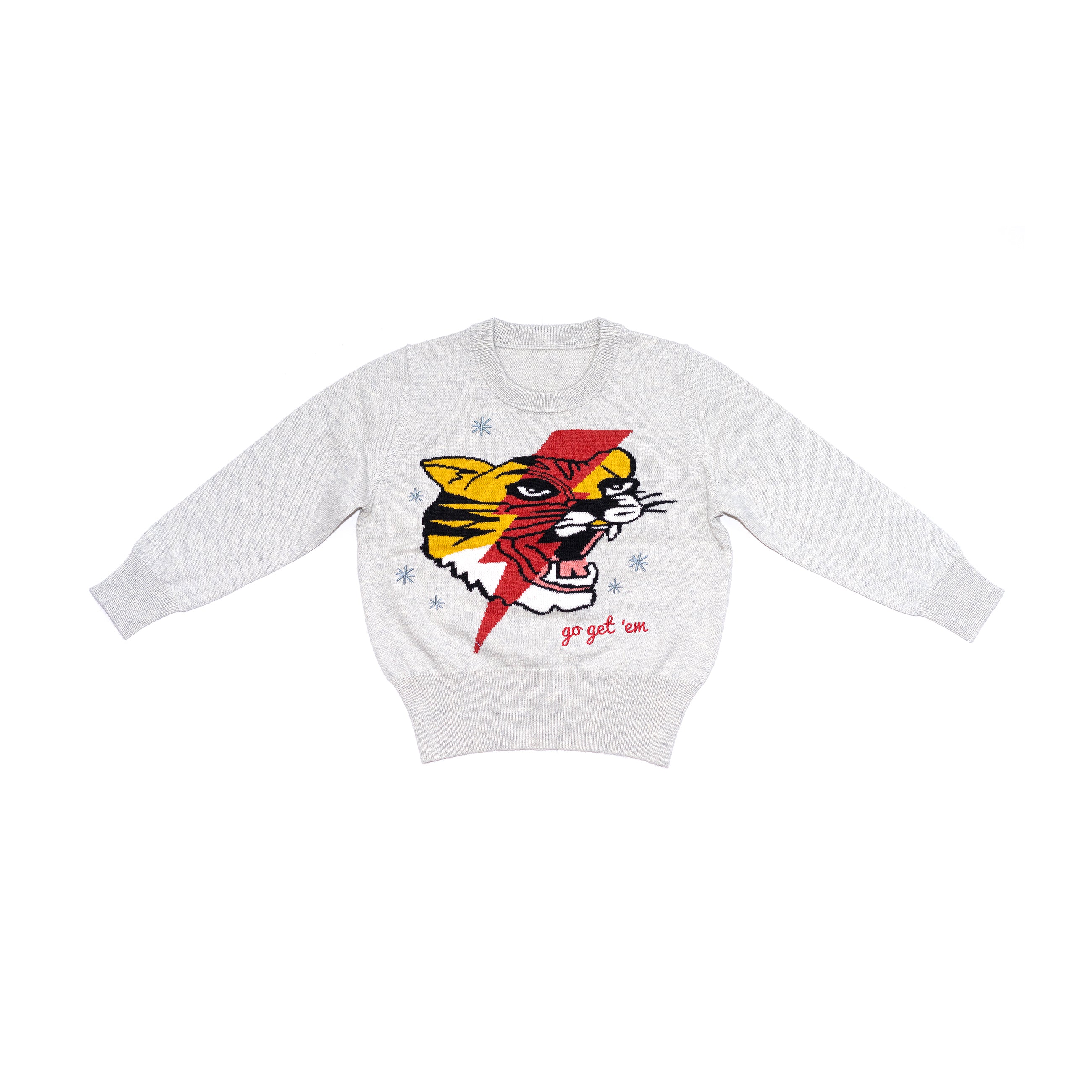 Front of kids light grey tiger and lightning bolt sweater. 