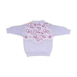 Back of kids lilac purple bandana pattern sweater. 