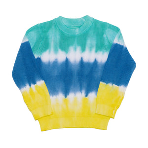 Green, blue and yellow dip dye sweater front product shot. 