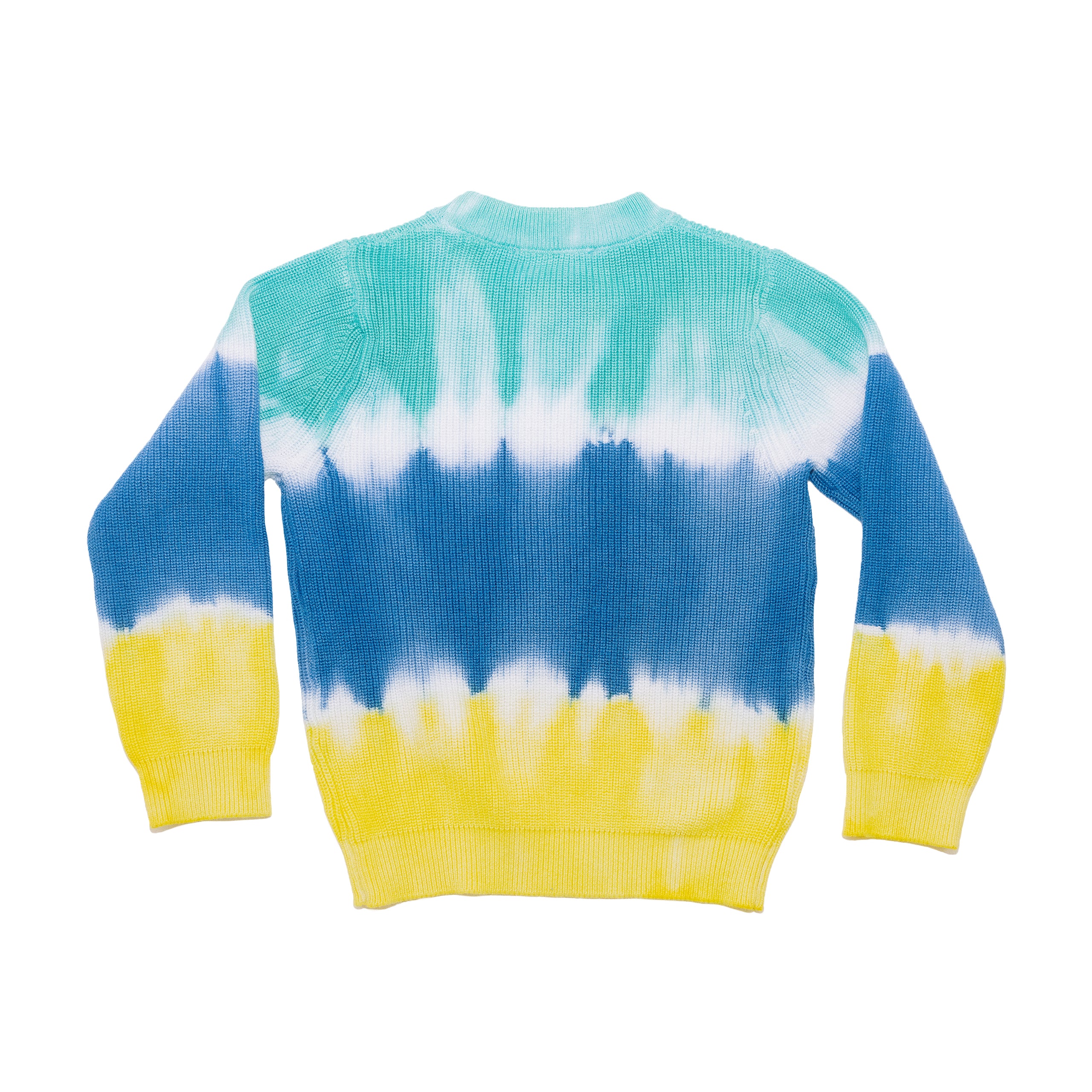 Green, blue and yellow dip dye sweater back product shot. 