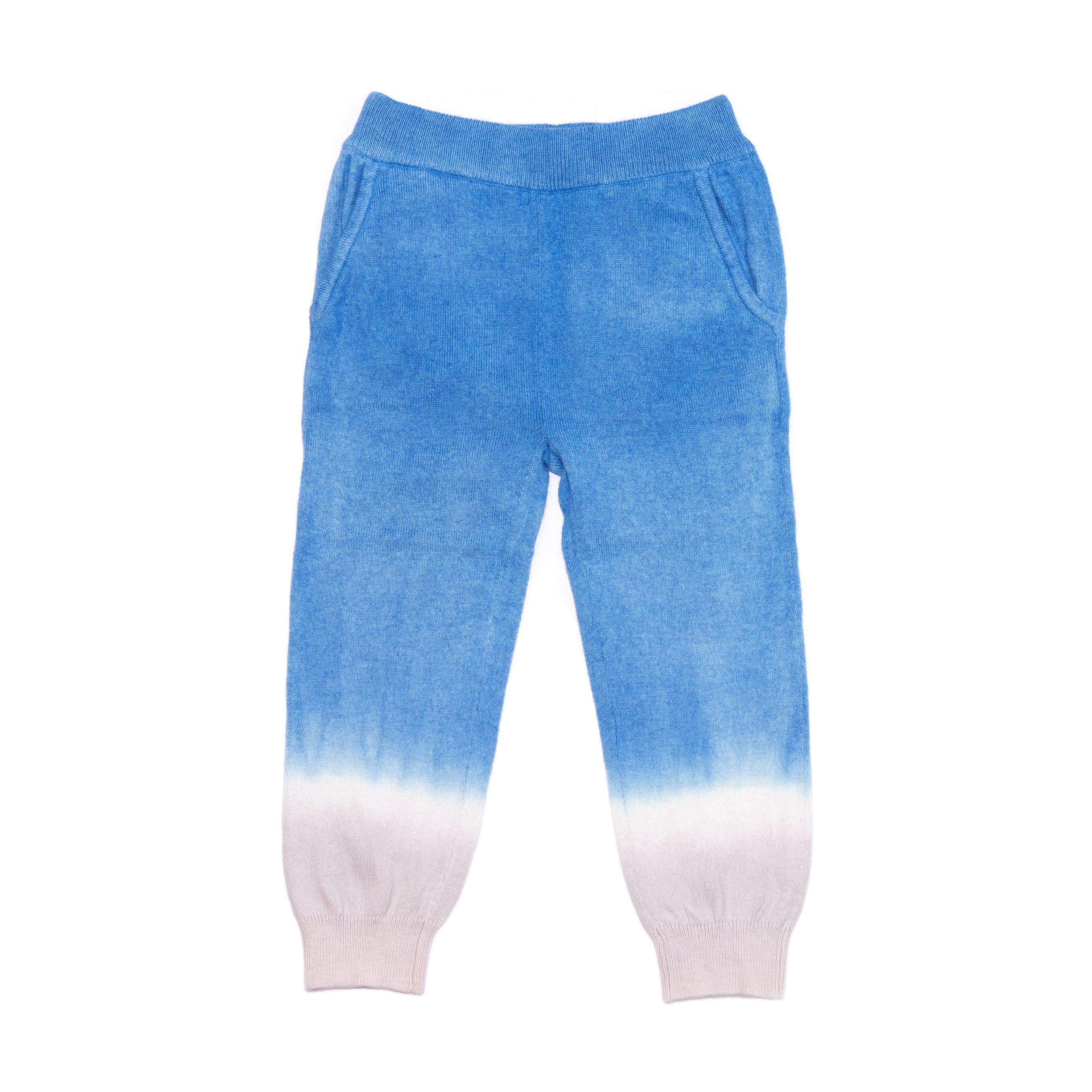 Front product shot of kids blue dip dye sweatpants. 