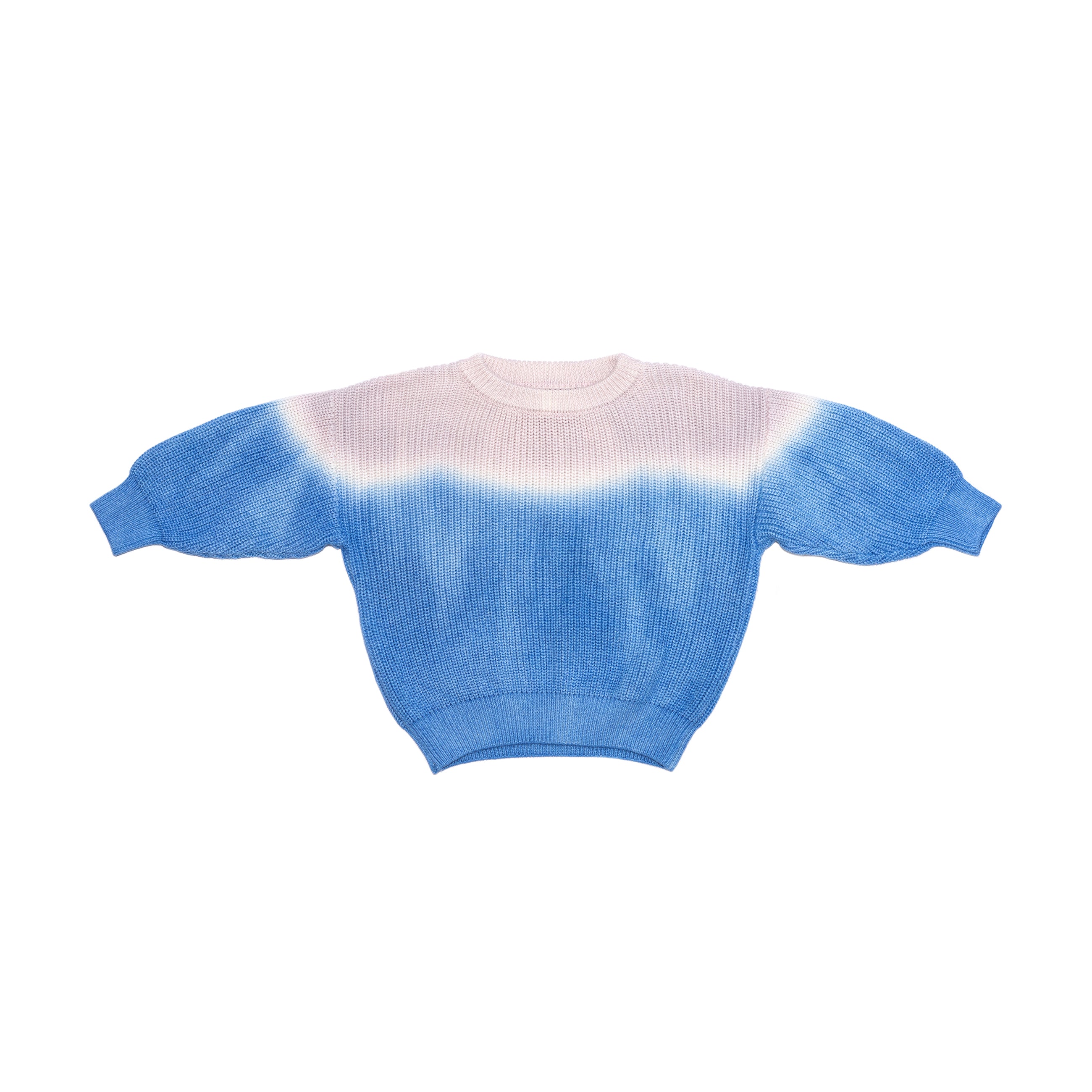 Front of kids blue dip dye sweater. 