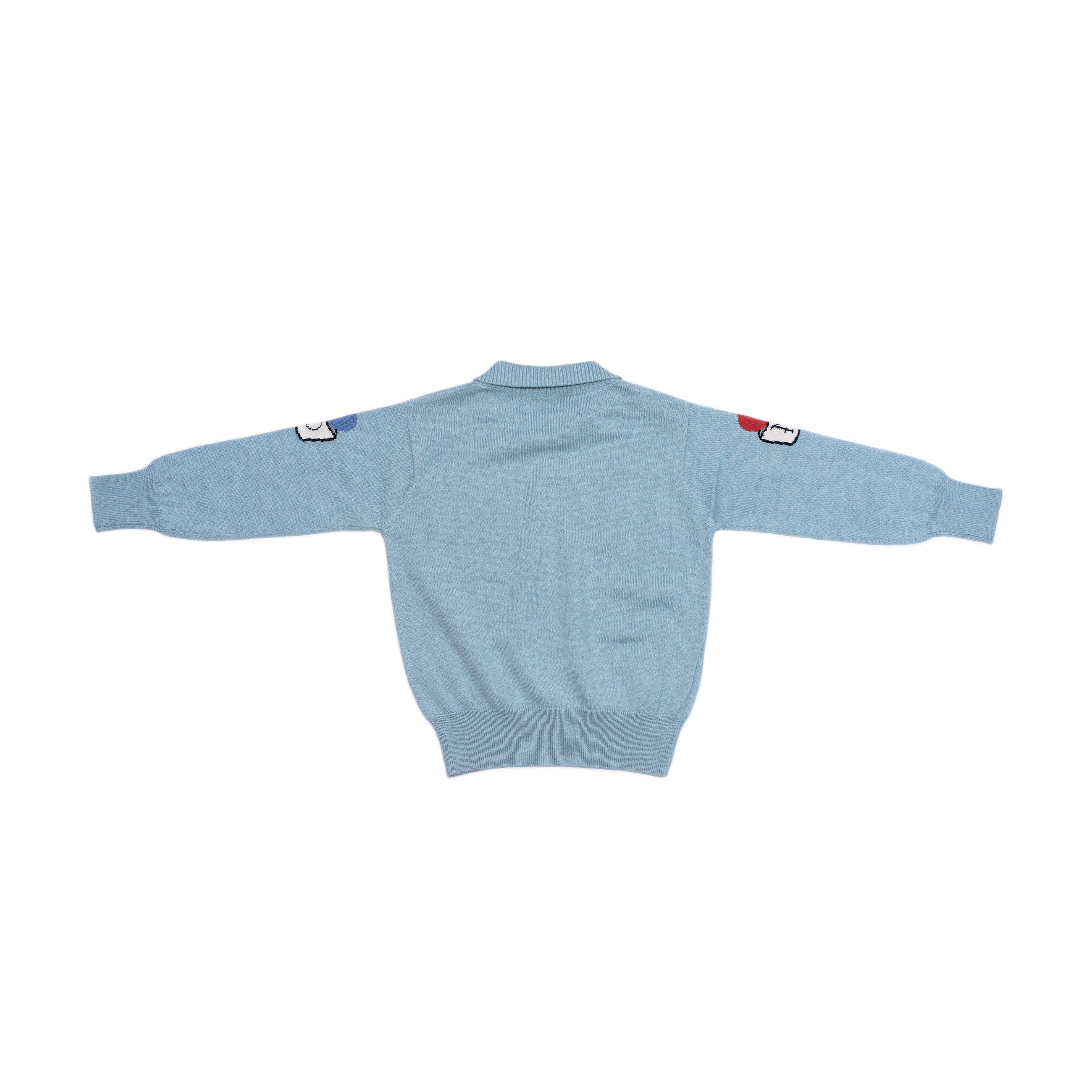 Back of kids chambray blue sailor sweater with collar. 