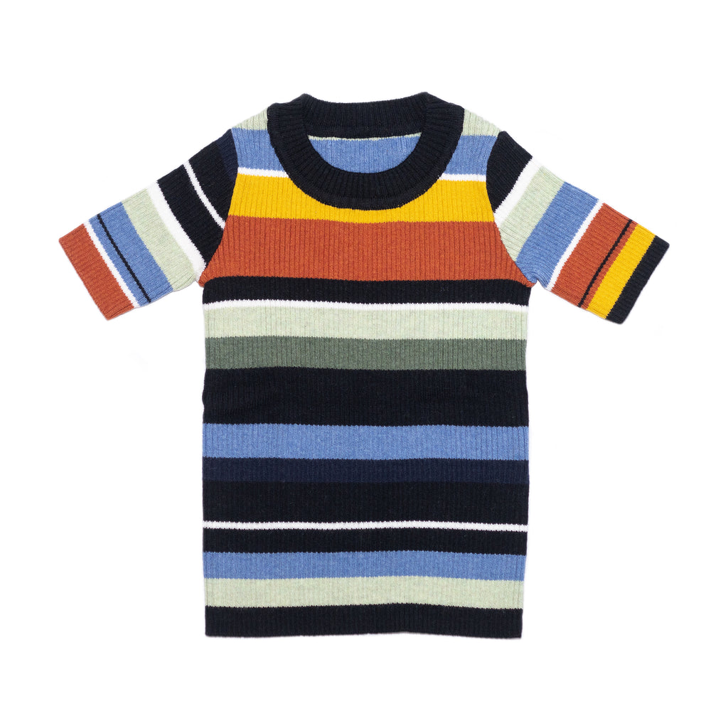 Front product shot of kids multi stripe knit tee. 