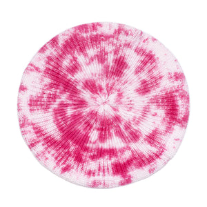 Product shot of top of kids fuchsia pink tie dye beret hat. 