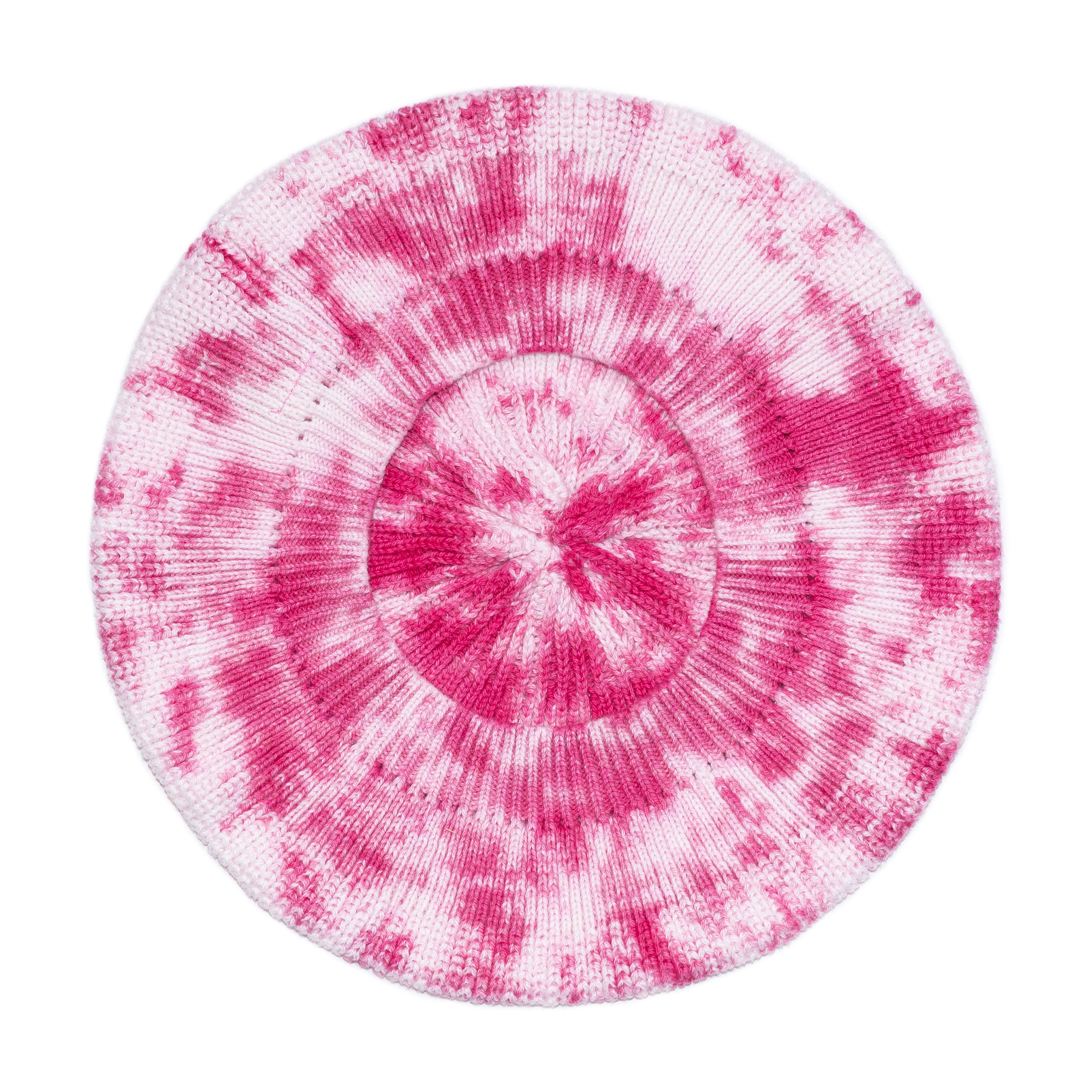 Product shot of opening of kids fuchsia pink tie dye beret hat. 