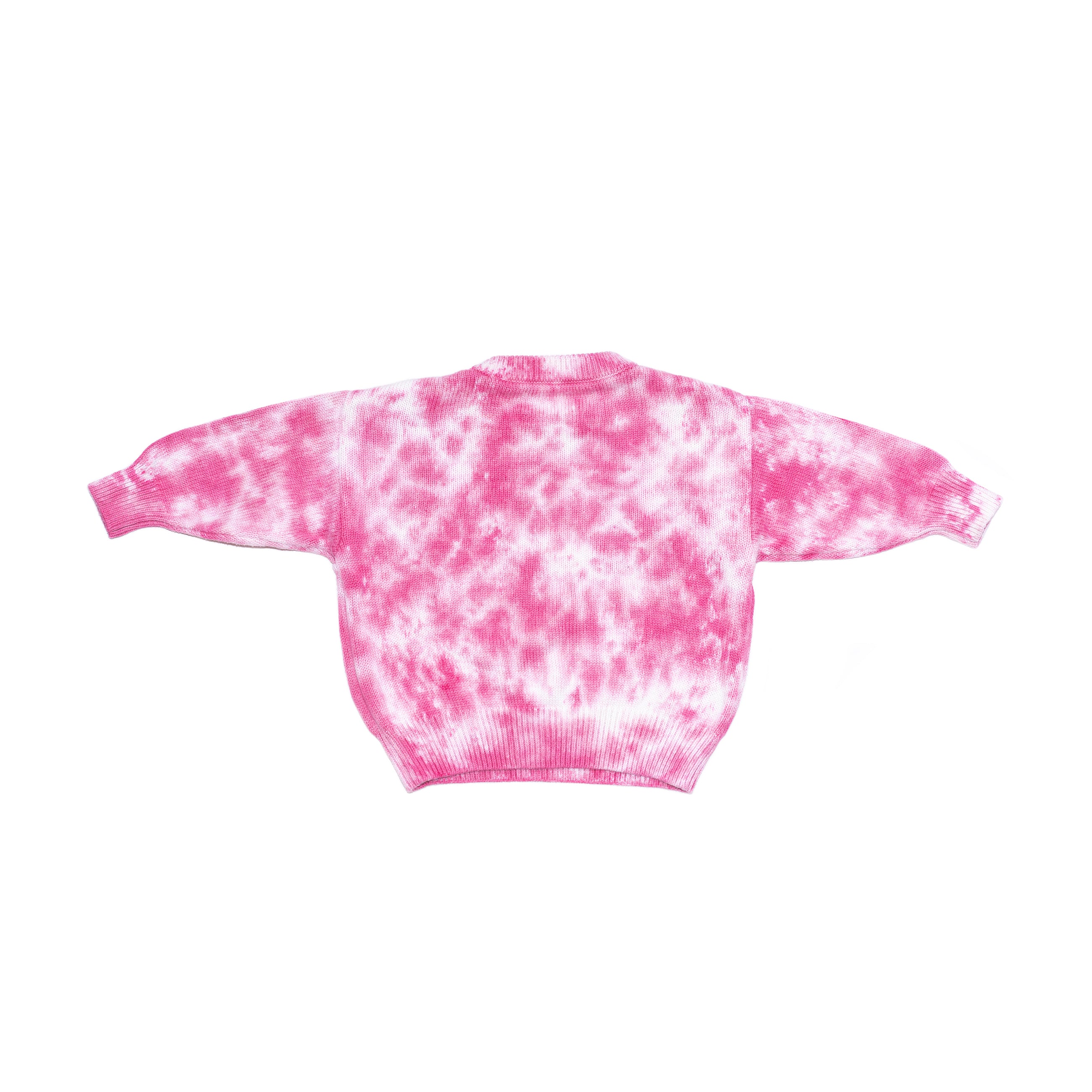 Back product shot of kids fuchsia pink tie dye sweater. 