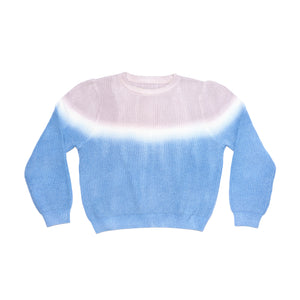 Front of women's blue dip dye sweater.