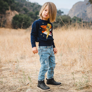 Kids navy blue tiger and lightning bolt sweater. 