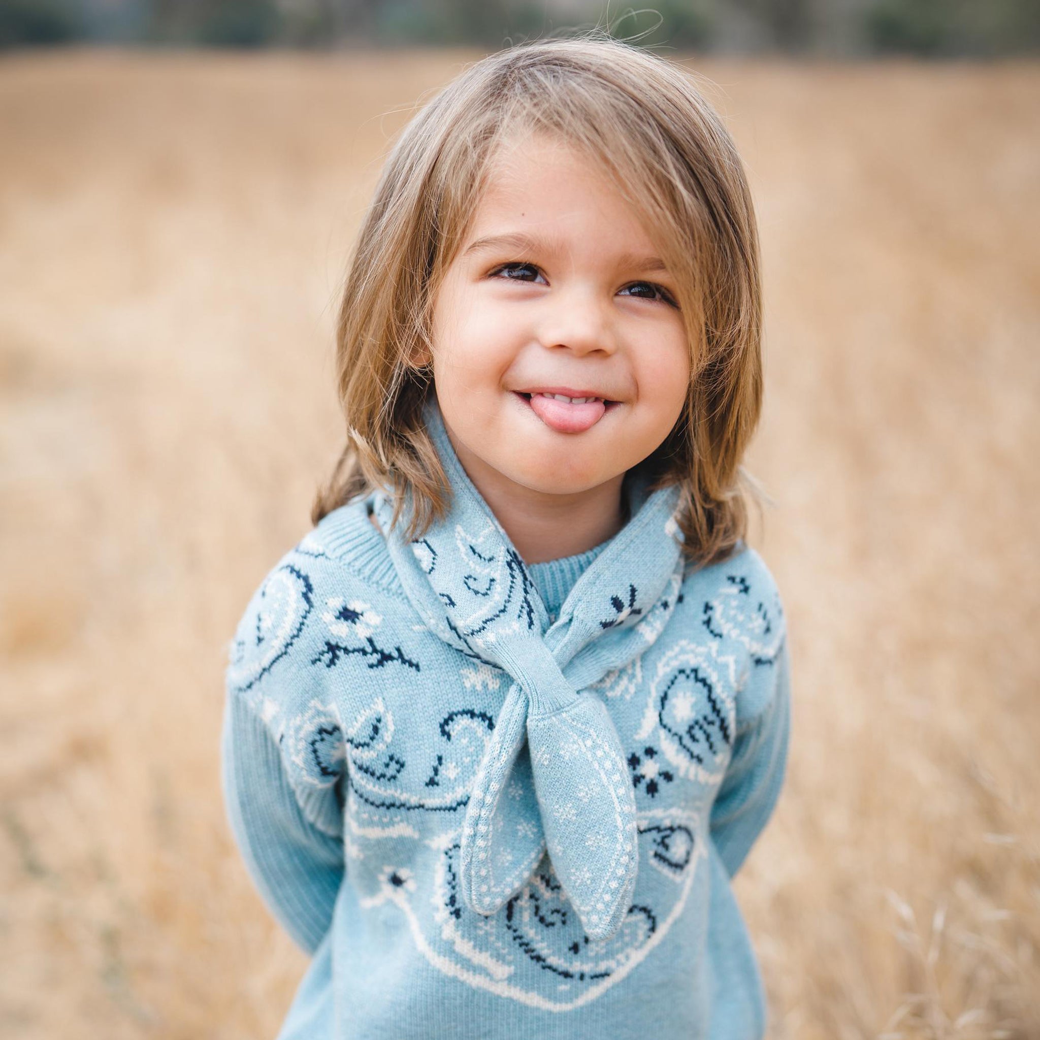 Kids chambray blue bandana print kids scarf.