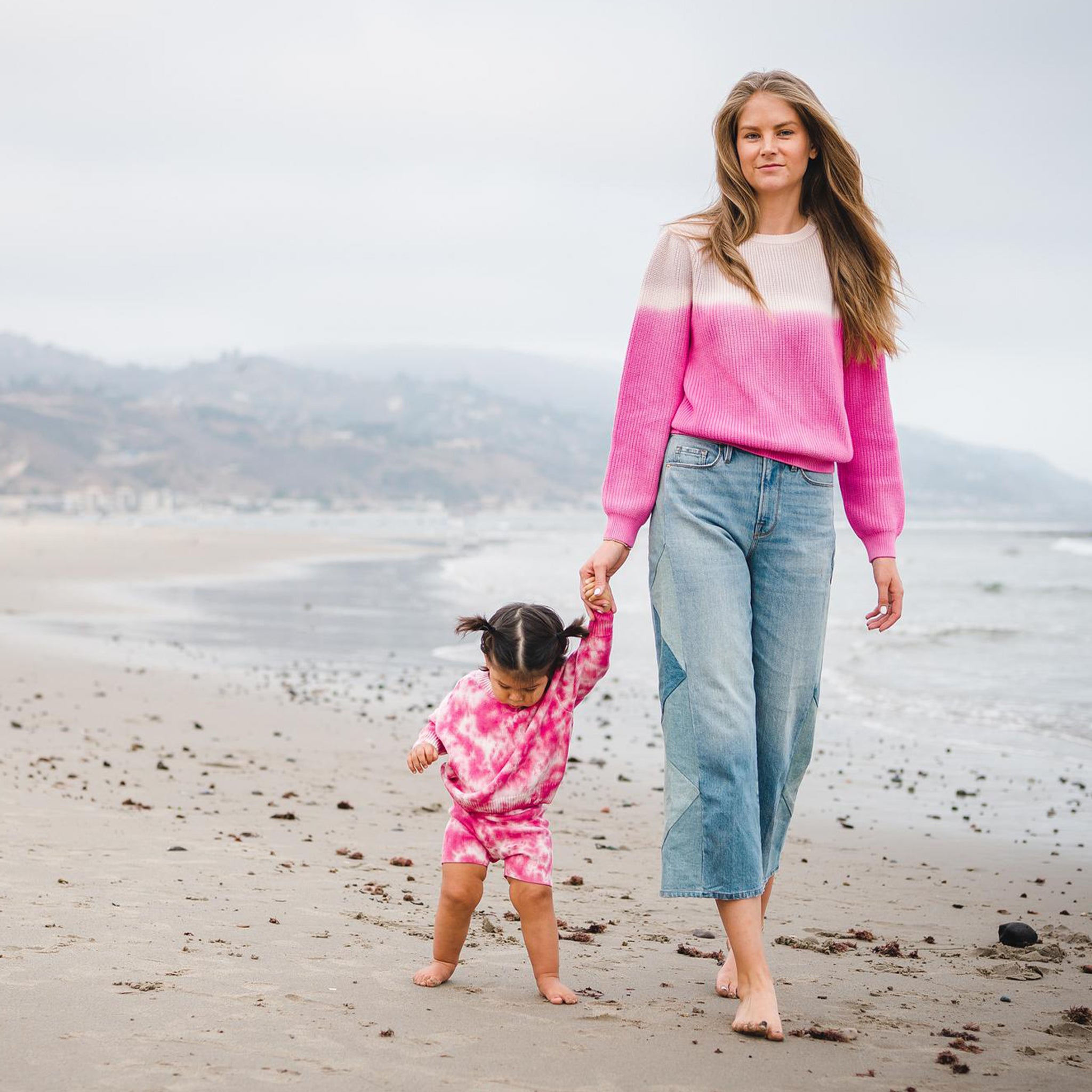 Women's pink dip dye sweater and kids fuchsia pink tie dye sweater and shorts. 